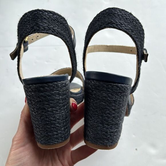 Boden Womens Sz 39 / US 8 Constance Block Heels Navy Raffia Cottagecore‎ Summer - Picture 8 of 13